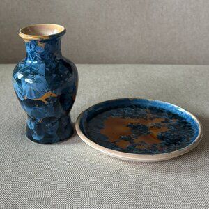 Crystalline Pottery Vase and Plate Handmade 2 Piece Set